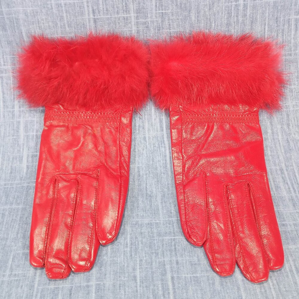 1970s Red Leather Rabbit Fur Gloves - image 1